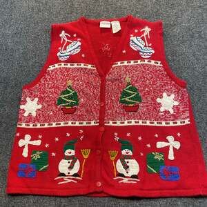 Bobbie Brooks Holiday Women XL Red Ugly Christmas Sweater Granny Cardigan Vest